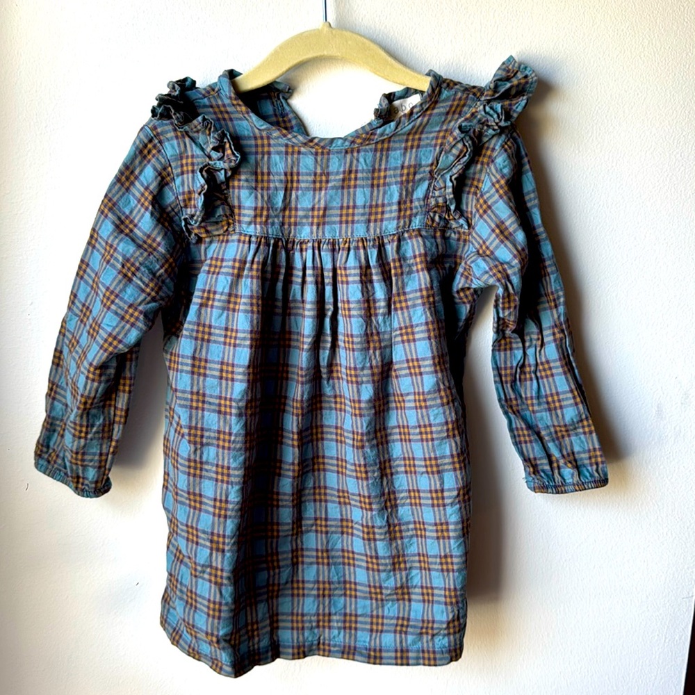 Girls Blue Plaid Ruffle-Yoke Dress